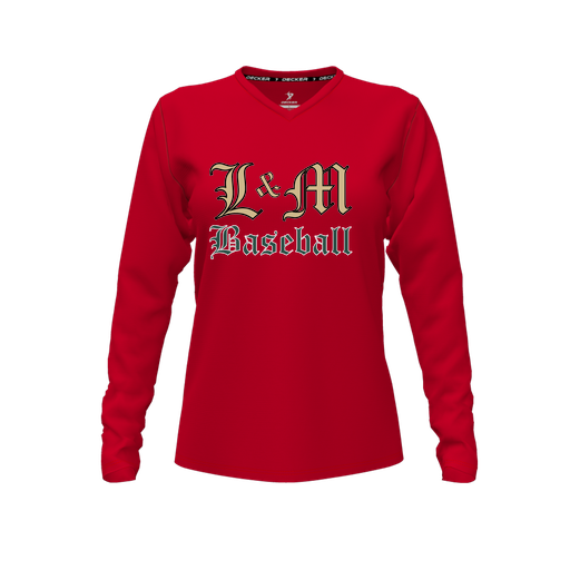 [CUS-DFW-TEES-CMF-VNK-LSL-RED-FYXS-LOGO1] Decker Comfort T-Shirt (Female Youth XS, Red, V Neck, Logo 1, Long Sleeve)