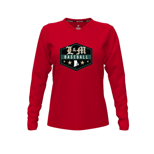 [CUS-DFW-TEES-PER-VNK-LSL-RED-FYXS-LOGO2] Decker Performance T-Shirt (Female Youth XS, Red, V Neck, Logo 2, Long Sleeve)