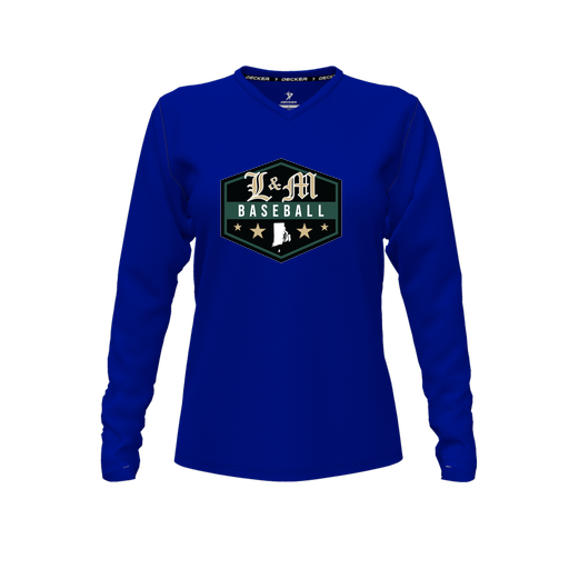 [CUS-DFW-TEES-CMF-VNK-LSL-RYL-FYXS-LOGO2] Decker Comfort T-Shirt (Female Youth XS, Royal, V Neck, Logo 2, Long Sleeve)