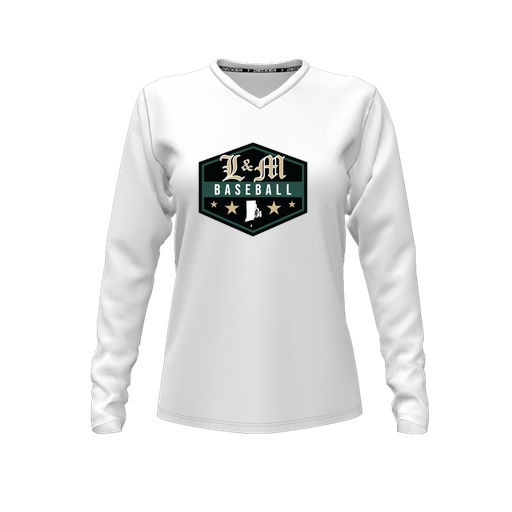 [CUS-DFW-TEES-PER-VNK-LSL-WHT-FYXS-LOGO2] Decker Performance T-Shirt (Female Youth XS, White, V Neck, Logo 2, Long Sleeve)